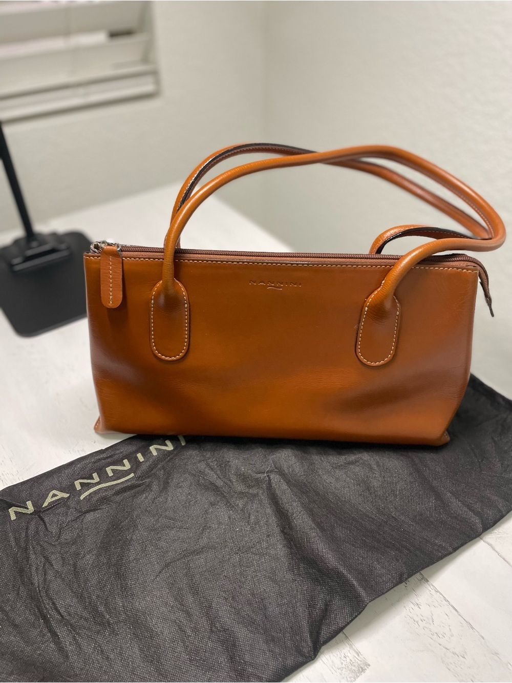 Nannini Genuine Leather Cognac Brown Shoulder Bag Made in Italy